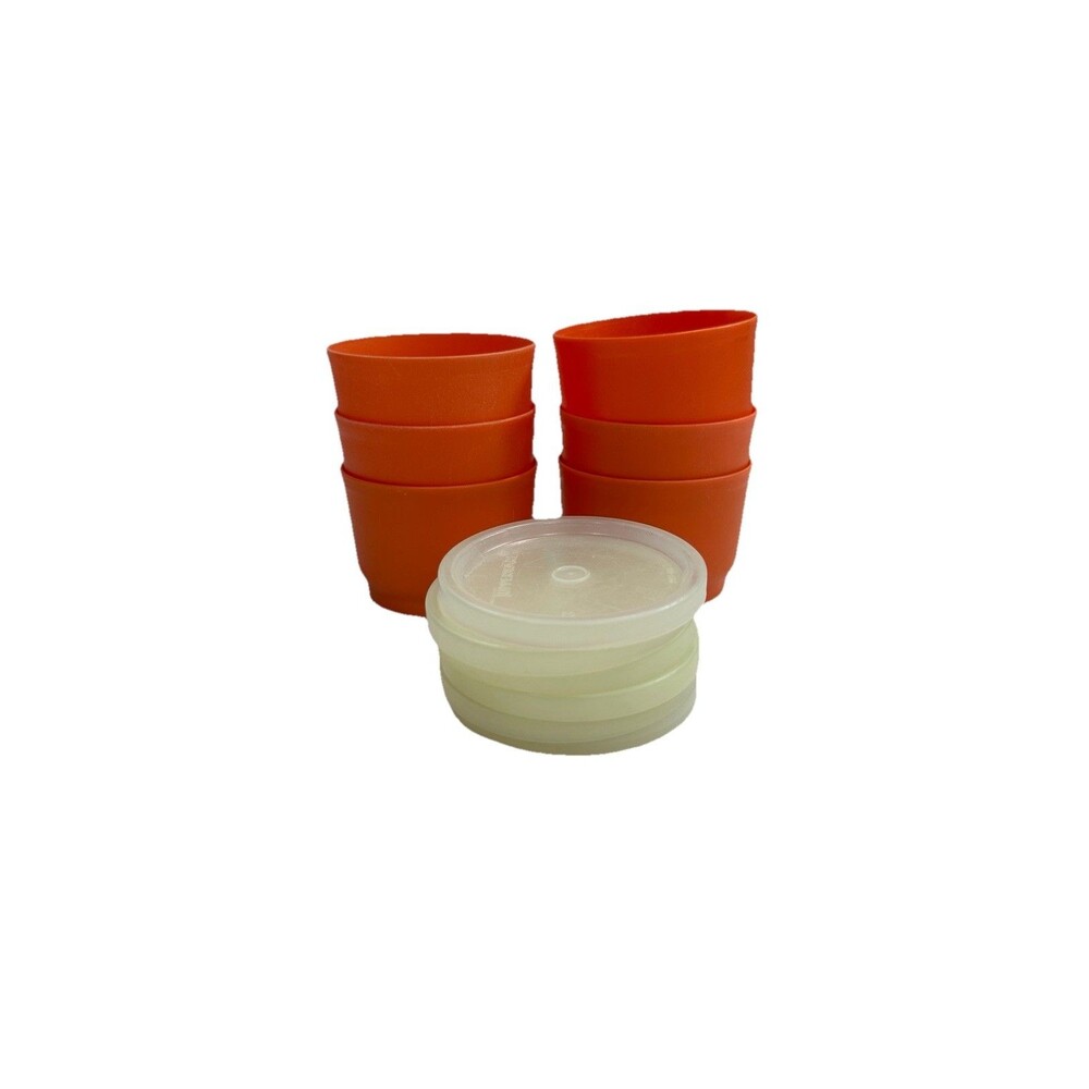 Vtg Tupperware Orange Snack Cups 1229 Set of 6 with Lids 4oz Harvest 1970s